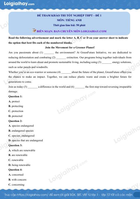 Đề tham khảo thi Anh THPT (Đề số 1) - có lời giải chi tiết